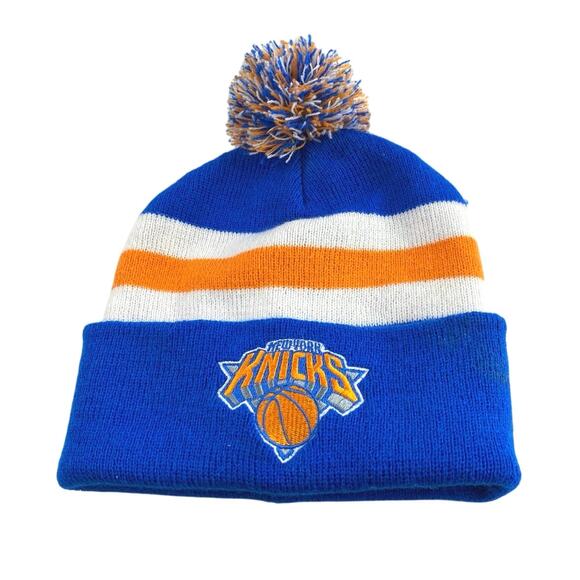 New York Knicks NBA Blue Orange Striped Knit Logo Pompom Beanie Cap Hat One Size - Picture 1 of 3